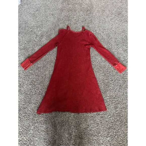 able Shoulder Cutout Raw Hem Thermal Dress Red Bohemian S Distressed Flowy - Picture 4 of 10